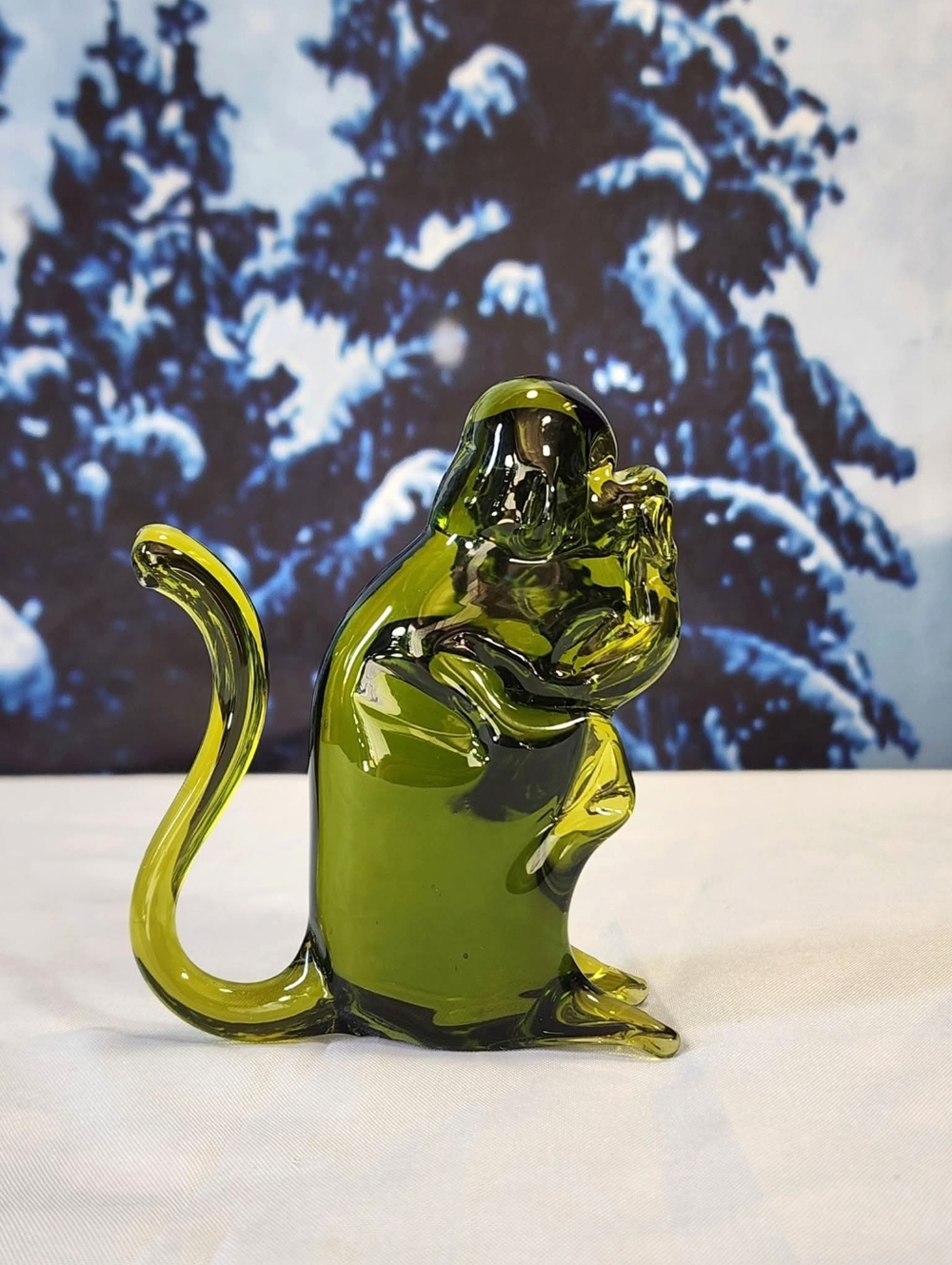 Vintage Pilgrim Glass Green Monkey Paperweight Collectible Figurine